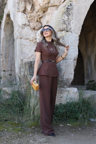 Kahve İnce Kemerli Kısa Kol Tulum