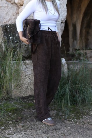 Kahve Kadife Beli Lastikli Pantolon