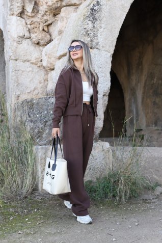 Kahve Kapüşonlu Triko Takım