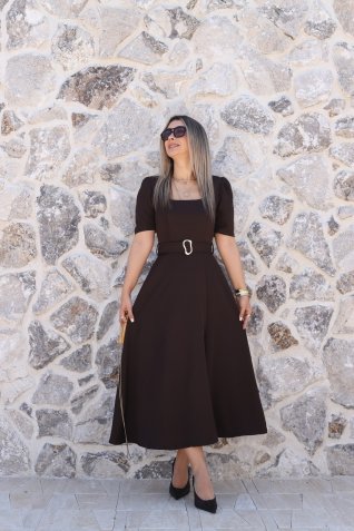 Kahve Kare Yaka Kemerli Kısa Kollu Elbise