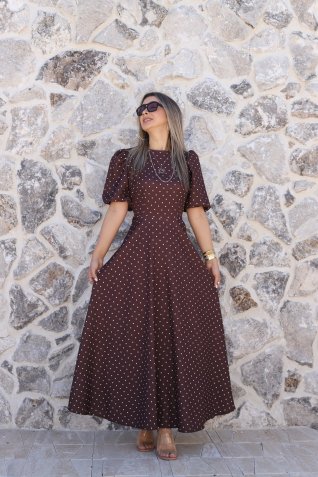 Kahve Karpuz Kol Puantiyeli Elbise