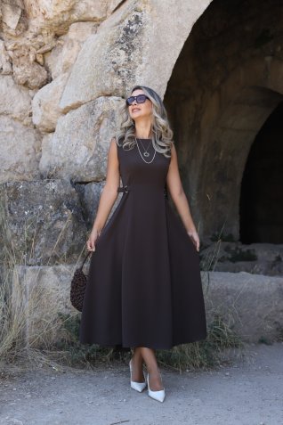 Kahve Kemer Detaylı Midi Elbise