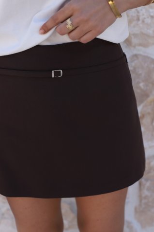 Kahve Kemer Detaylı Mini Şort Etek