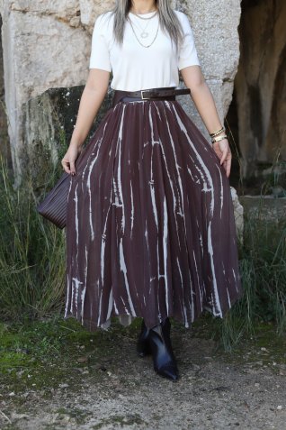 Kahve Kemer Detaylı Parçalı Şifon Etek