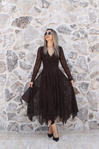 Kahve Kruvaze Kadife Elbise