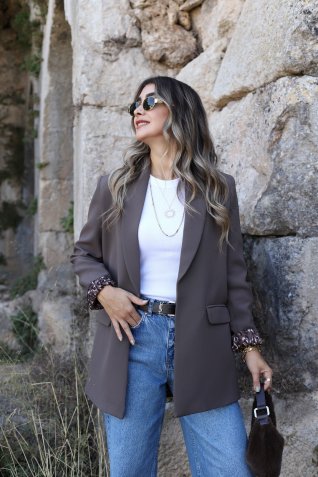 Kahve Leopar Astarlı Şal Yaka Blazer