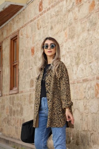Kahve Leopar Desenli Gömlek Ceket