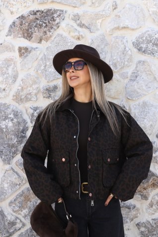 Kahve Leopar Kadife Yakalı Denim Ceket
