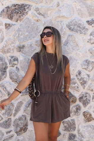 Kahve Modal Lastikli Sırt Dekolteli Tulum