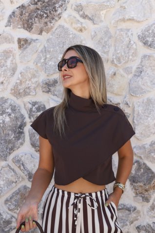 Kahve Omuz Düğmeli Crop Bluz