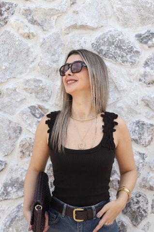 Kahve Omuzları Dantelli Fitilli Atlet