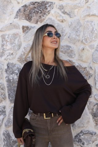 Kahve Omzu Düşük Bluz