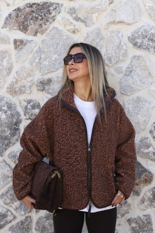 Kahve Püskürtme Standart Beden Fermuarlı Peluş Ceket