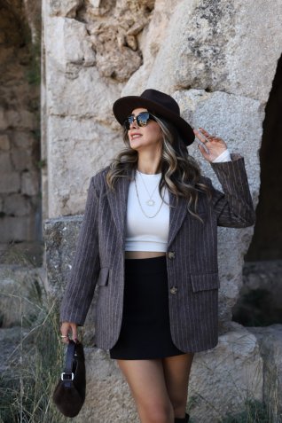 Kahve Retro Çizgili Kaşe Blazer