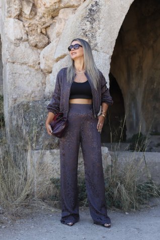 Kahve Saten Leopar Ceket Pantolon Takım