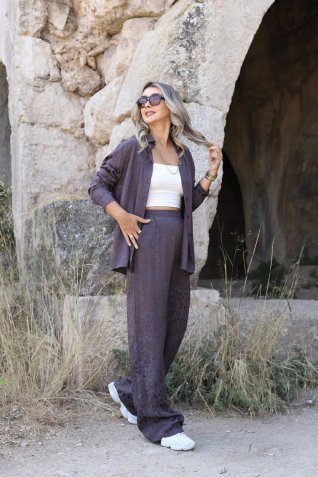 Kahve Saten Leopar Desen Gömlekli Pantolon Takım