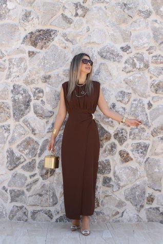 Kahve Sıfır Kol Çift Tokalı Elbise