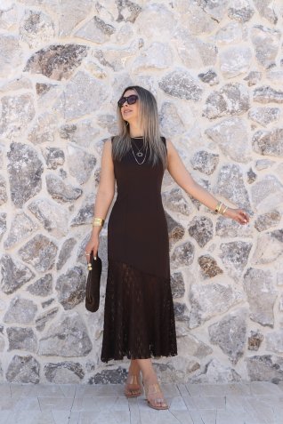 Kahve Sıfır Kol Eteği Dantelli Elbise