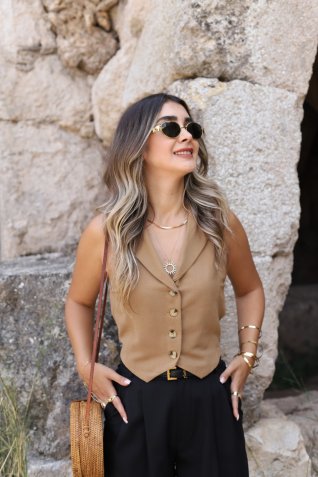 Kahve Sırt Dekolte Keten Yelek