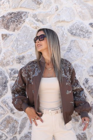 Kahve Taş İşlemeli Premium Bomber Ceket