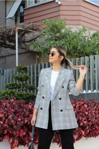 Kareli Kruvaze Blazer Ceket
