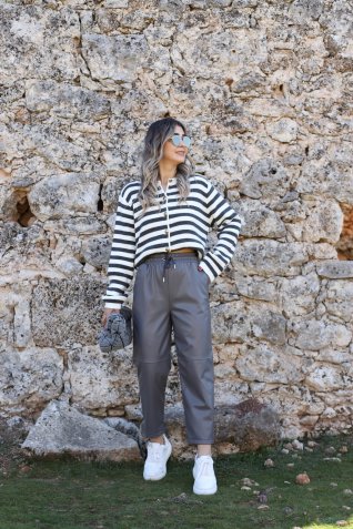 Kemik-Füme Çizgili Vatkalı Hırka