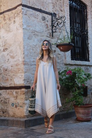 Standart Beden Keten Askılı Bol Paça Kahve Desenli Tulum