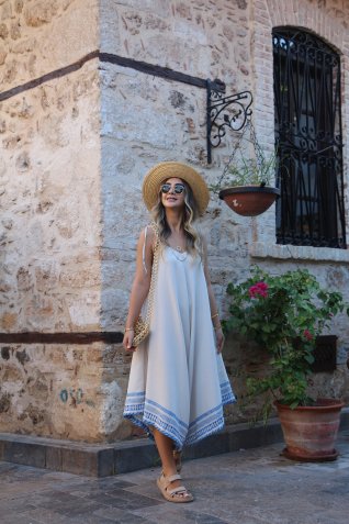 Standart Beden Keten Askılı Bol Paça Mavi Desenli Tulum 