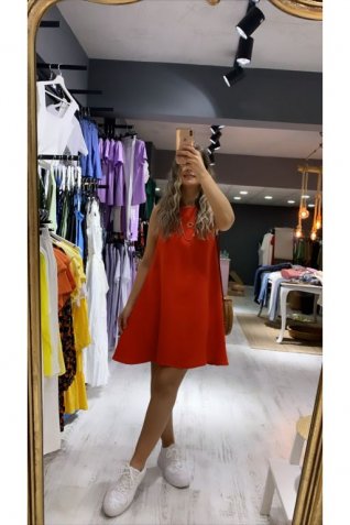 Kırmızı Bisiklet Yaka Keten Elbise