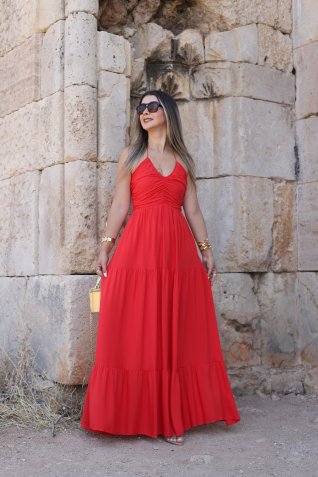 Kırmızı Büzgü Detay Boyun Bağlamalı Salaş Elbise