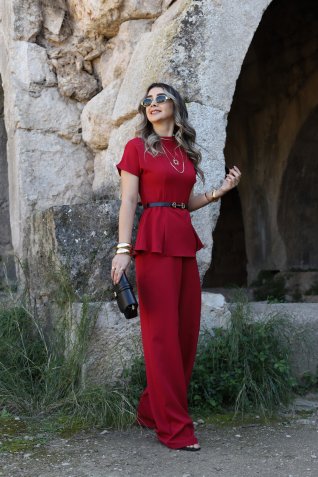 Kırmızı İnce Kemerli Kısa Kol Tulum