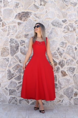 Kırmızı Kare Yaka Arkadan Bağlamalı Midi Elbise