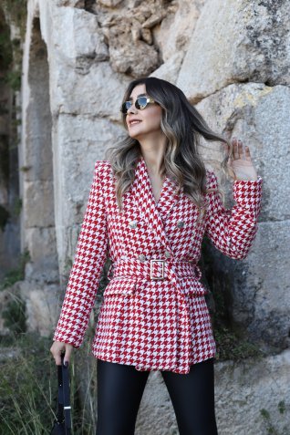 Kırmızı Kazayağı Kendinden Kemerli Blazer