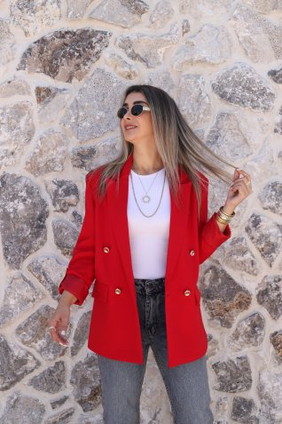 Kırmızı Kolu Katlı Gold Düğmeli Blazer