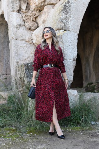 Kırmızı Leopar Desenli Kemerli Elbise