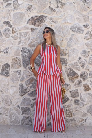 Kırmızı Mavi Çizgili Peplum Bluz Pantolon Takım