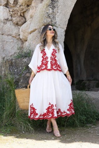 Kırmızı Nakış İşleme Detay Etek Bluz Takım