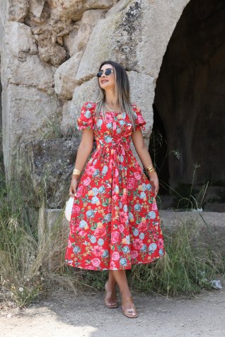 Kırmızı Önü Bağlamalı Çiçek Desen Poplin Elbise
