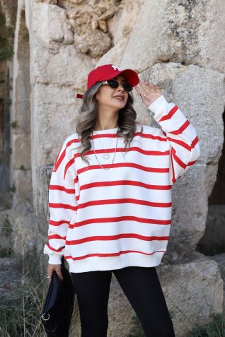 Kırmızı Standart Beden Çizgili Şardonlu Sweatshirt