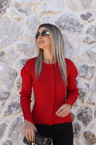Kırmızı Standart Beden Düğme Ve Kol Detay Hırka