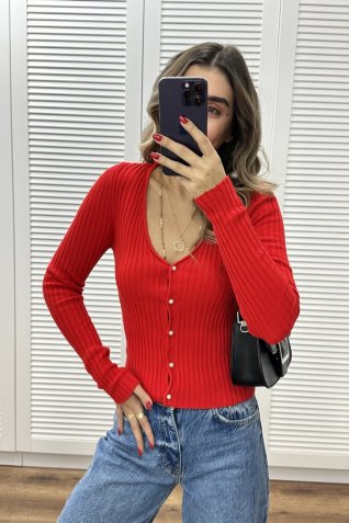 Kırmızı Standart Beden İnci Detay Triko Hırka