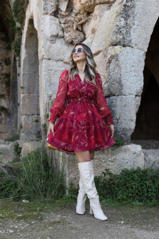 Kırmızı Yaprak Desen Polo Yaka Şifon Elbise