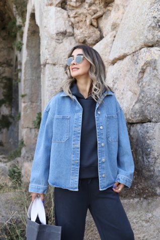 Kısa Mavi Oversize Gömlek Ceket