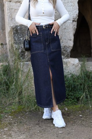 Koyu Mavi Kontrast Dikişli Yırtmaçlı Denim Etek