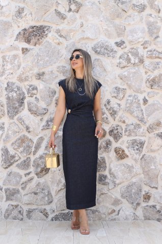 Koyu Mavi Toka Detaylı Denim Elbise