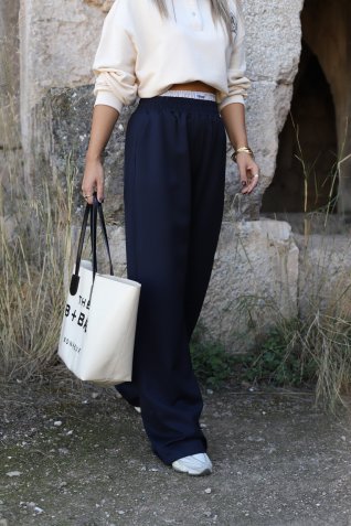 Lacivert Beli Lastikli Çizgi Detay Pantolon