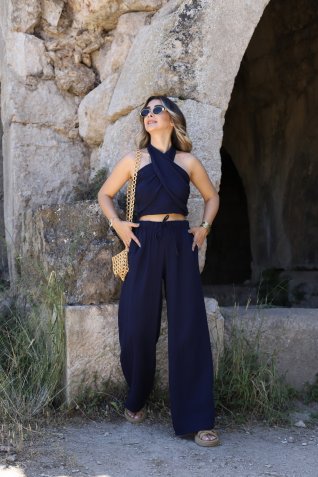 Lacivert Boyundan Bağlamalı Müslin Takım