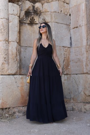 Lacivert Büzgü Detay Boyun Bağlamalı Salaş Elbise