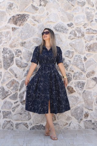 Lacivert Çiçek İşlemeli Gömlek Elbise