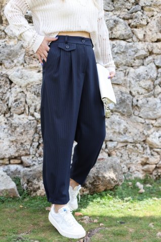 Lacivert Çizgili Bel Detay Pantolon